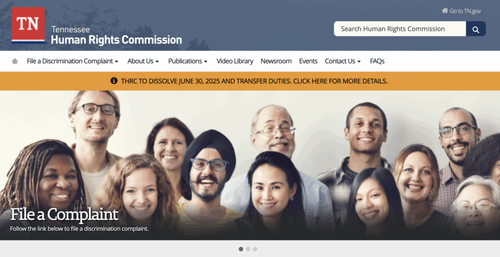 Screenshot of Tennessee Human Rights Commission homepage