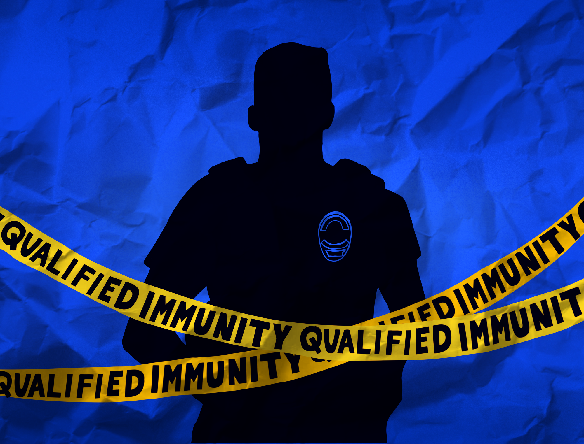Qualified Immunity on Police Tape Over Silhouette of a Police Officer